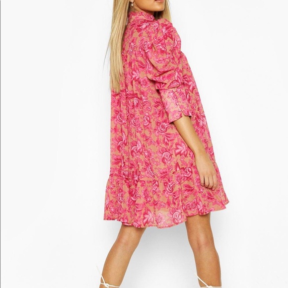 PRINTED PUFF SLEEVE RUFFLE NECK SMOCK DRESS - Picture 2 of 3